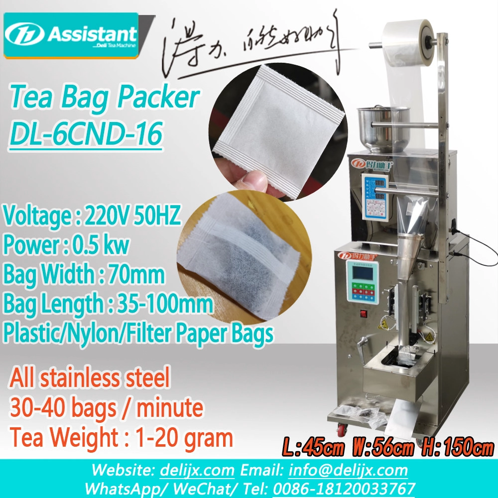 Plastik termurah / nilon / filter kertas kantong teh kapsulating mesin packing DL-6CND-16..Model: DL-6CND-16Lebar tas: 70 mmKisaran panjang tas: 35-100 mmLebar gulungan tas: 160 mmEfisiensi Kerja: 6 kg / jam (7g)Tegangan operasi: 220 VDimensi: 450 *